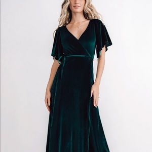 Emerald Green Velvet Bell Sleeve Wrap Dress